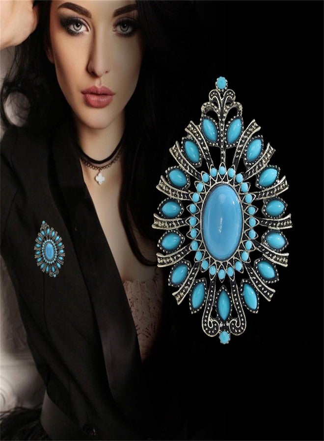 WCRAZYE Western Brooch Pin, Multicolor Crystal Turquoise, Large Alloy Steel Lapel Pin for Women Men, Cowgirl Dress Accessories (Blue) - Image 2